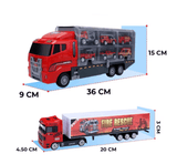Set camion trailer de jucarie pentru transport , 7 piese, ambulanta, pompieri, , interactiva , red - BUZ.RO