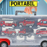 Set camion trailer de jucarie pentru transport , 7 piese, ambulanta, pompieri, , interactiva , red - BUZ.RO