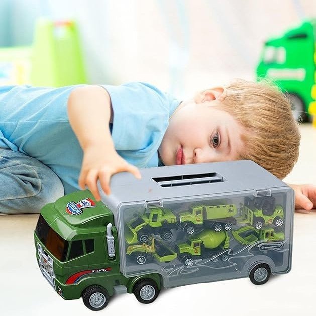 Set camion trailer de jucarie pentru transport , 7 piese, ambulanta, pompieri, , interactiva , red - BUZ.RO