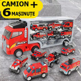Set camion trailer de jucarie pentru transport , 7 piese, ambulanta, pompieri, , interactiva , red - BUZ.RO