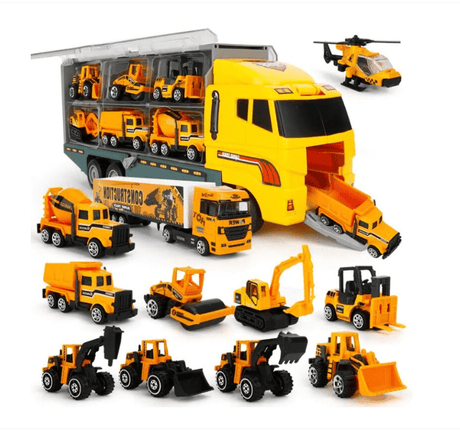 Set camion trailer de jucarie pentru transport , 7 piese, ambulanta, pompieri, , interactiva , red - BUZ.RO