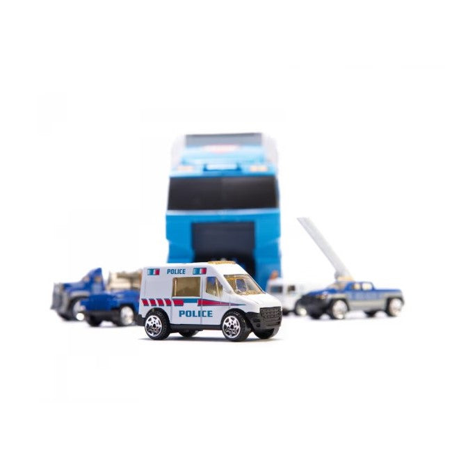 Set camion trailer de jucarie pentru transport , 7 piese, ambulanta, pompieri, , interactiva , red
