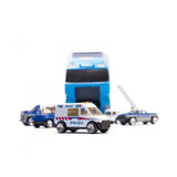 Set camion trailer de jucarie pentru transport , 7 piese, ambulanta, pompieri, , interactiva , red