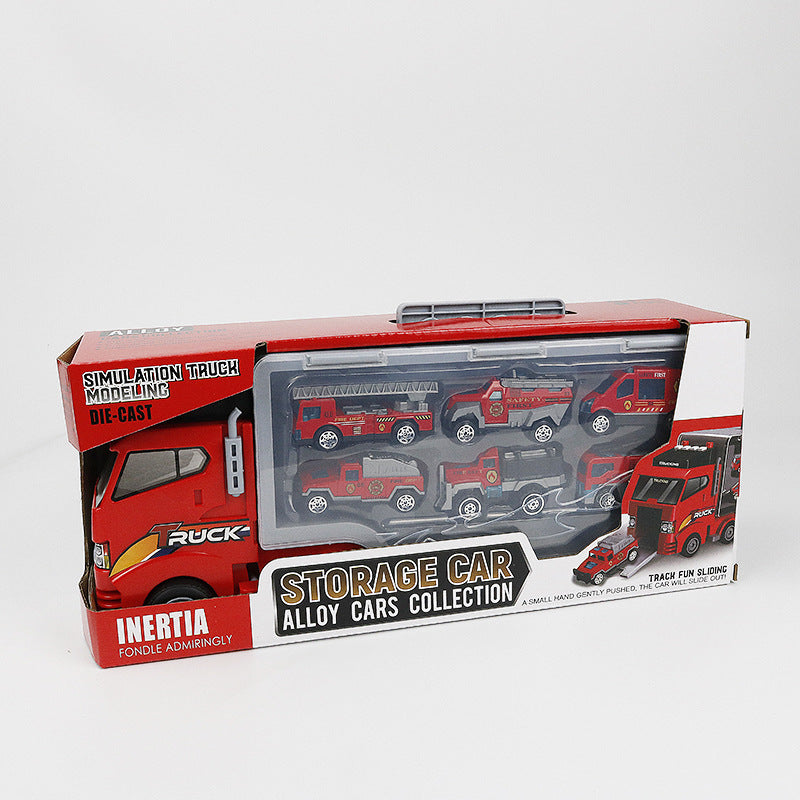 Set camion trailer de jucarie pentru transport , 7 piese, ambulanta, pompieri, , interactiva , red