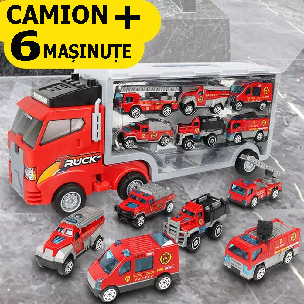 Set camion trailer de jucarie pentru transport , 7 piese, ambulanta, pompieri, , interactiva , red