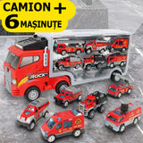 Set camion trailer de jucarie pentru transport , 7 piese, ambulanta, pompieri, , interactiva , red