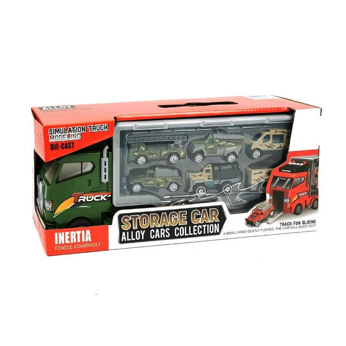 Set camion trailer de jucarie pentru transport , 7 piese, ambulanta, pompieri, , interactiva , red