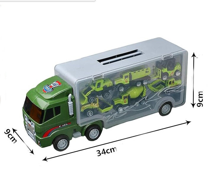 Set camion trailer de jucarie pentru transport , 7 piese, ambulanta, pompieri, , interactiva , red
