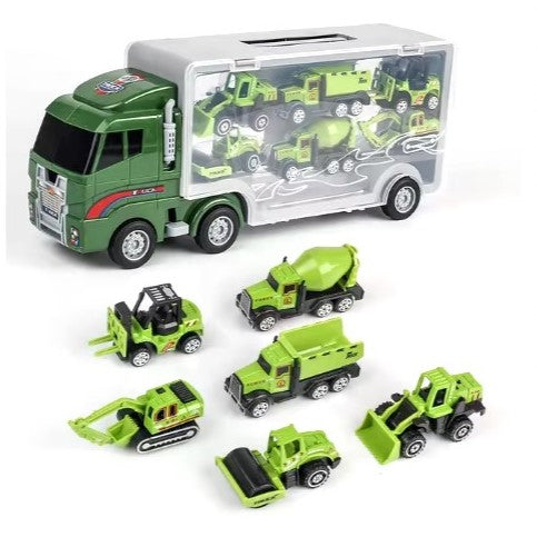 Set camion trailer de jucarie pentru transport , 7 piese, ambulanta, pompieri, , interactiva , red