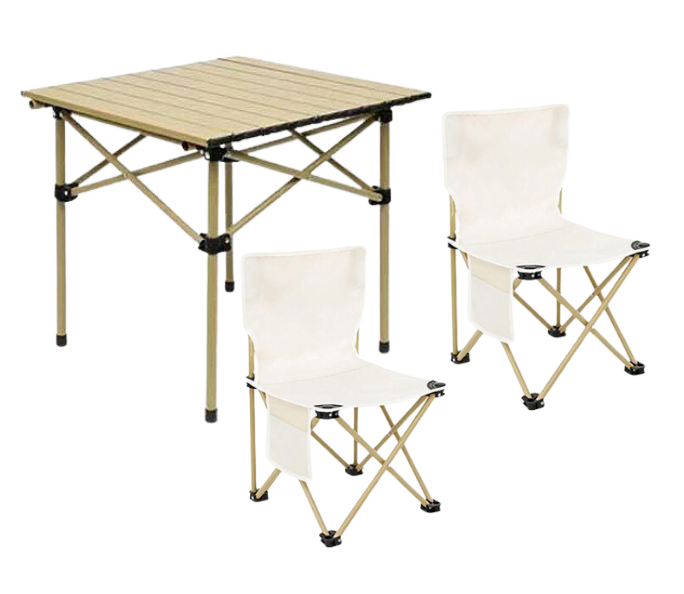 Set camping cu masa si 2 scaune pliabile, cu geanta de transport, aluminiu, aurie, 53x51x50 cm