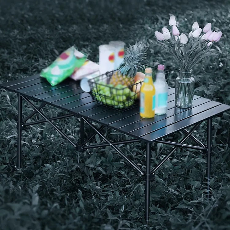 Set camping cu masa si 4 scaune pliabile, cu geanta de transport, aluminiu, negru, 95x52x50 cm