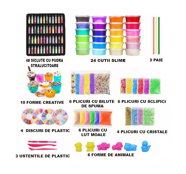 Set creativ slime cu 24 culori si 120 accesorii, sigure si non-toxice