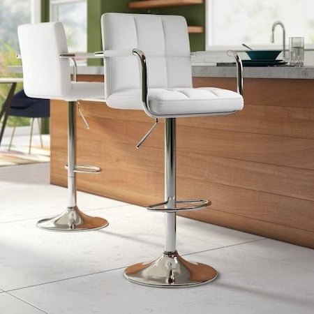 Set 2 scaune, salon, bar, inaltime reglabila, 64-84 cm, 116x43cm, hidraulic, albe