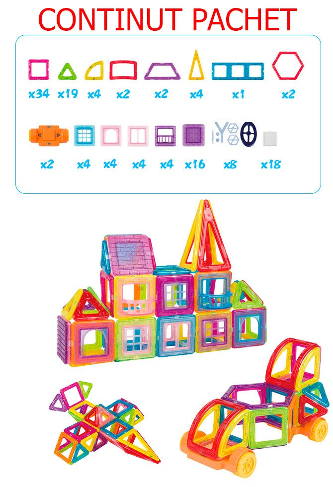 Set de constructie magnetica, educativ si creativ, magnetic construction blocks cu 56 piese