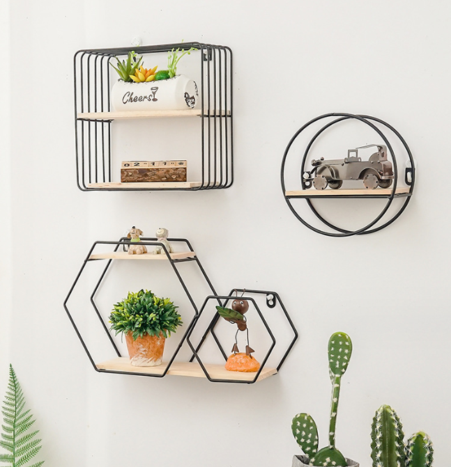 Set de etajere decorative, cu suport lemn, din metal, negru