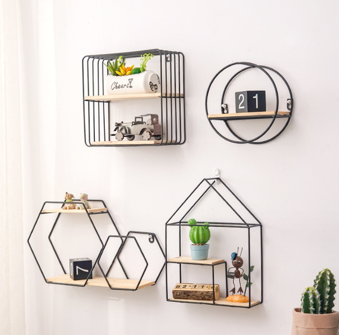 Set de etajere decorative, cu suport lemn, din metal, negru