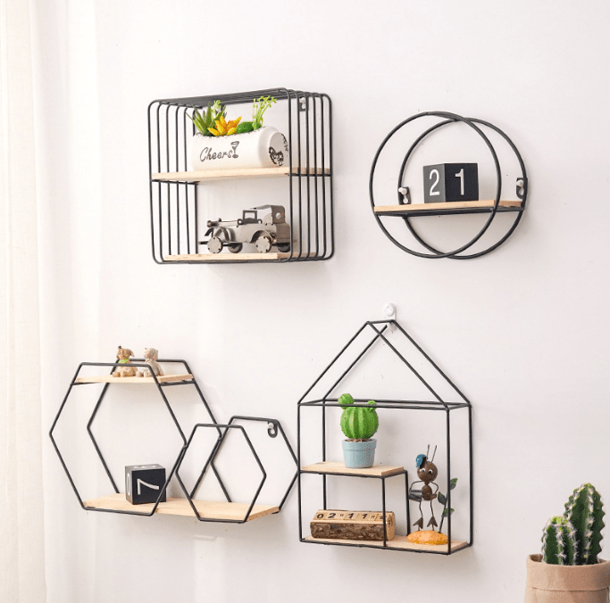 Set de etajere decorative, cu suport lemn, din metal, negru - BUZ.RO