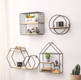 Set de etajere decorative, cu suport lemn, din metal, negru - BUZ.RO