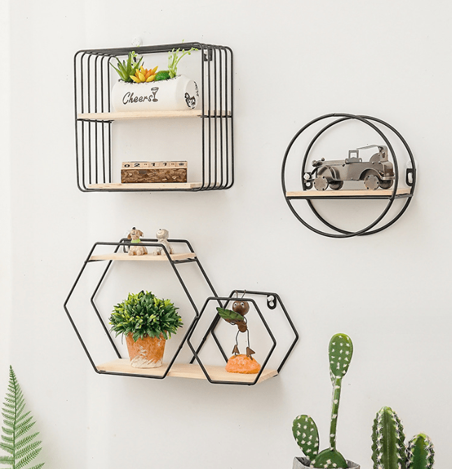 Set de etajere decorative, cu suport lemn, din metal, negru - BUZ.RO