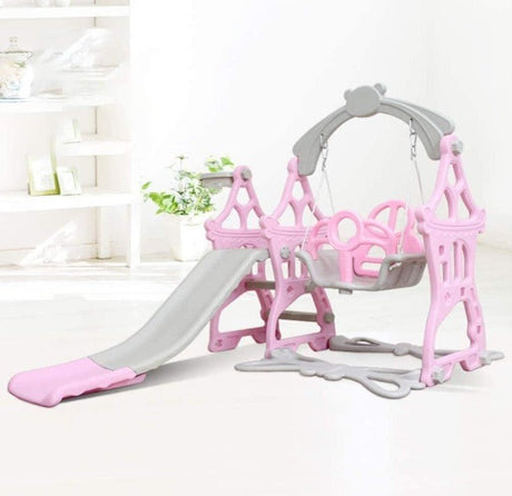 Set de joaca cu leagan detasabil ,tobogan si cos de baschet cu minge interior/exterior, roz roz - BUZ.RO