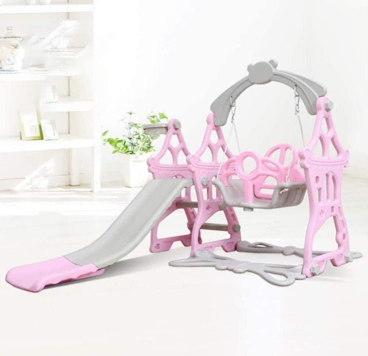 Set de joaca cu leagan detasabil ,tobogan si cos de baschet cu minge interior/exterior, roz roz - BUZ.RO