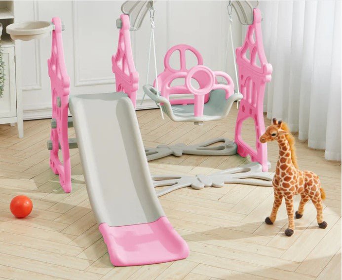 Set de joaca cu leagan detasabil ,tobogan si cos de baschet cu minge interior/exterior, roz roz - BUZ.RO