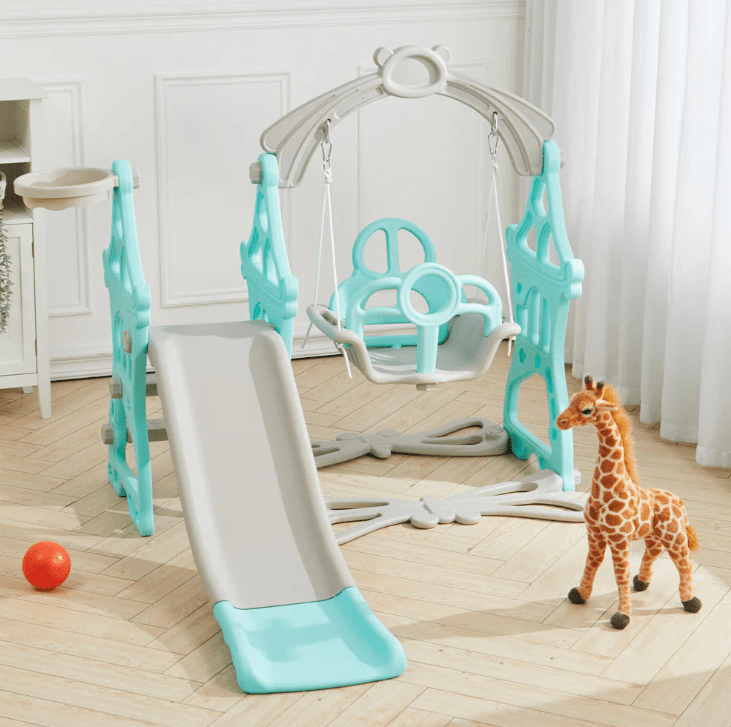 Set de joaca cu leagan detasabil ,tobogan si cos de baschet cu minge interior/exterior, roz roz - BUZ.RO