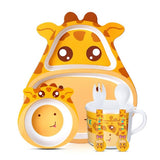 Set de masa din fibra de bambus, pentru copii, farfurie 2 compartimente, cana, bol, furculita si lingurita, girafa