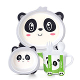 Set de masa din fibra de bambus, pentru copii, farfurie 2 compartimente, cana, bol, furculita si lingurita, Panda
