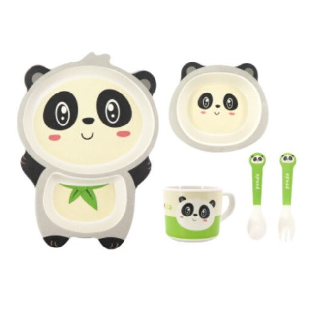 Set de masa din fibra de bambus, pentru copii, farfurie 2 compartimente, cana, bol, furculita si lingurita, Panda