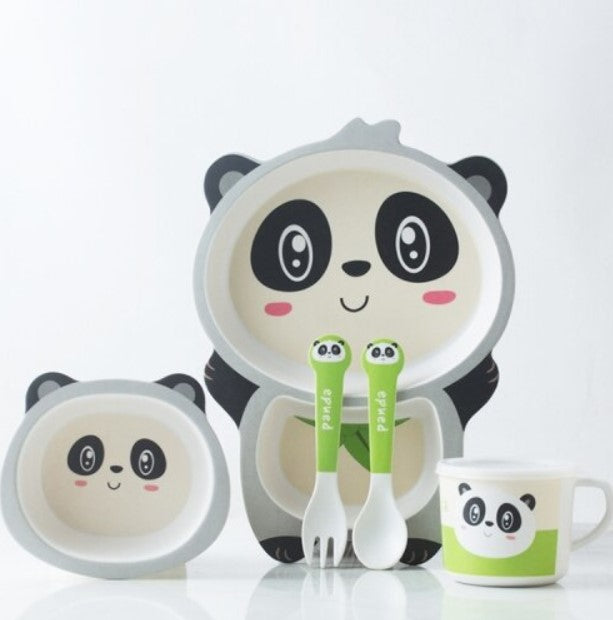 Set de masa din fibra de bambus, pentru copii, farfurie 2 compartimente, cana, bol, furculita si lingurita, Panda