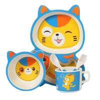 Set de masa pentru copii, farfurie 2 compartimente, cana, bol, furculita si lingurita, forma pisicuta, din fibra de bambus