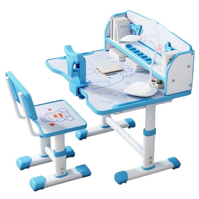 Set de masa si scaun pentru copii, ajustabile, cu lampa inclusa, compartimentat, de culoare albastru - BUZ.RO