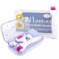 Set dermaroller 8 în 1 cu ace din titan și rolă de jad – tratament facial complet pentru regenerare, reducerea ridurilor, cicatricilor și revitalizarea pielii.