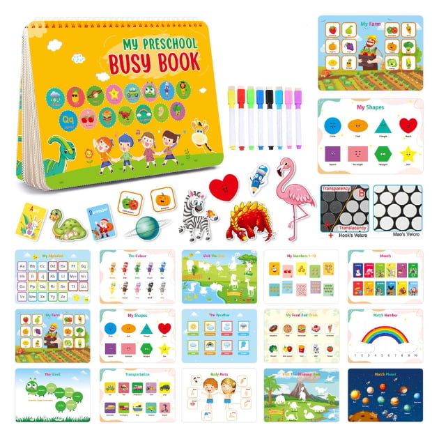 Set educativ Montessori, carte activitati prescolare, pentru copii, autocolante,  markere, 3 ani+