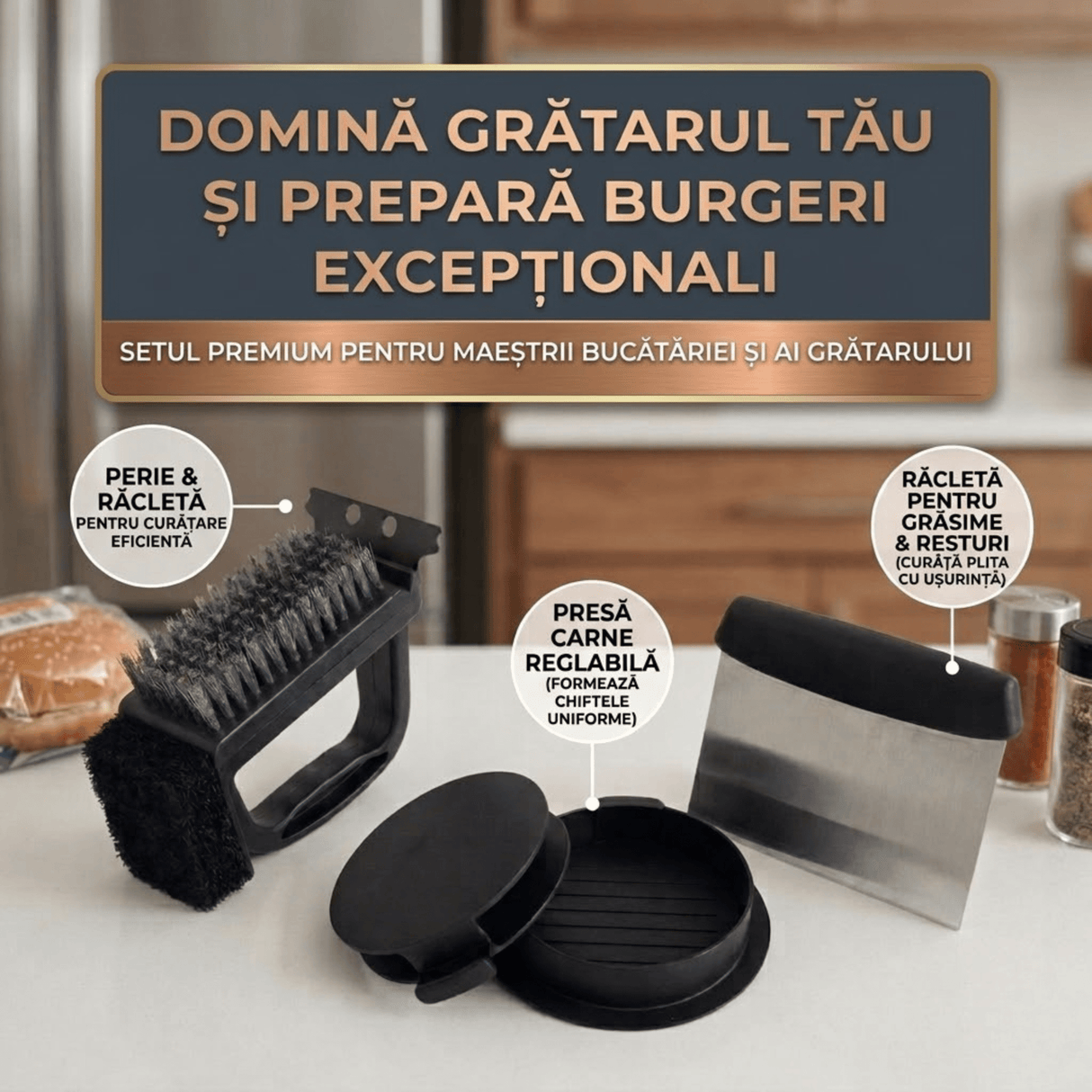Set Gratar 4 in 1: Presa Burger, Perie Sarma, Racleta si Burete Curatare Grill - BUZ.RO