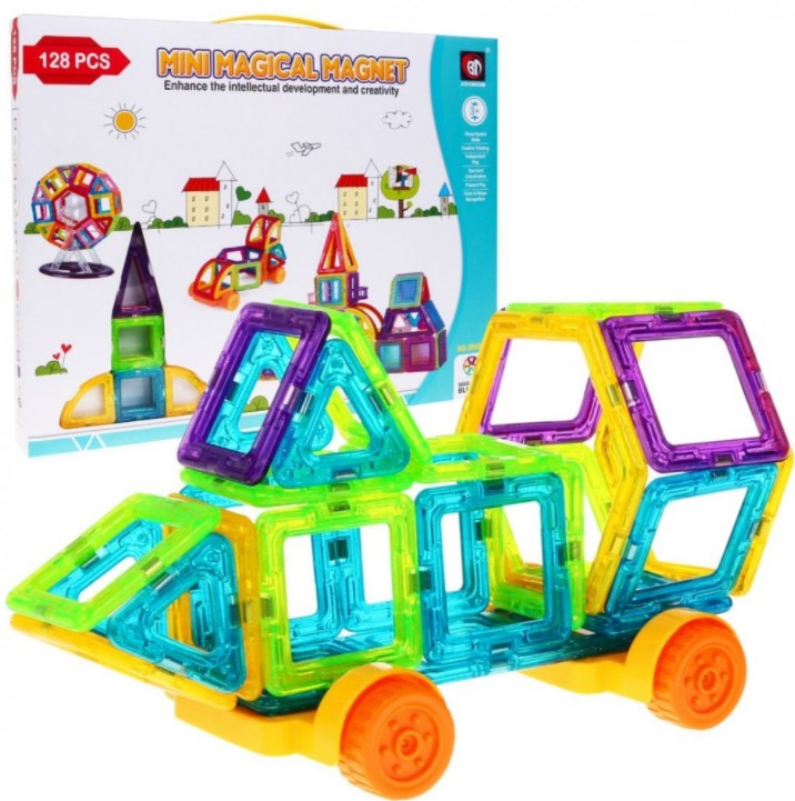 Set inteligent de constructie magnetica cu 128 piese, educativ si creativ, magnetic construction blocks