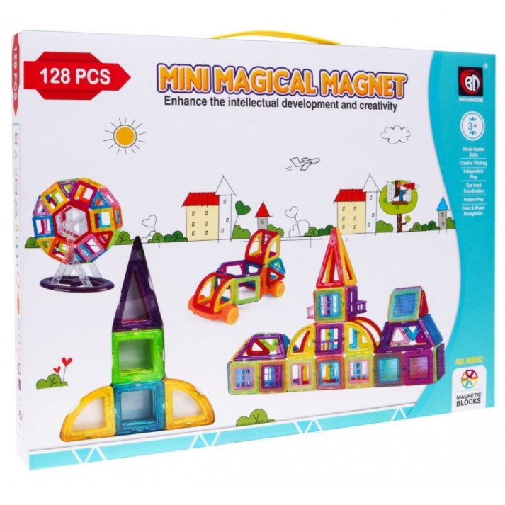 Set inteligent de constructie magnetica cu 128 piese, educativ si creativ, magnetic construction blocks