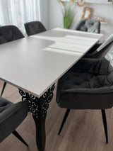 Set masa cu scaune bucatarie, dining, living, sufragerie, blat alb cu picioare metalice negre, scaune husa catifea gri, 6 persoane, Iasmina - BUZ.RO