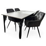 Set masa cu scaune bucatarie, dining, living, sufragerie, blat alb cu picioare metalice negre, scaune husa catifea gri, 6 persoane, Iasmina - BUZ.RO