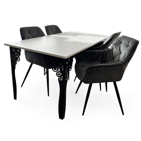 Set masa cu scaune bucatarie, dining, living, sufragerie, blat alb cu picioare metalice negre, scaune husa catifea gri, 6 persoane, Iasmina - BUZ.RO