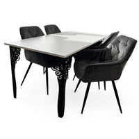 Set masa cu scaune bucatarie, dining, living, sufragerie, blat din pal cu picioare metalice, scaune husa catifea gri, 4 persoane, Antonia