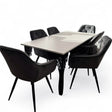 Set masa cu scaune bucatarie, dining, living, sufragerie, blat alb cu picioare metalice negre, scaune husa catifea gri, 6 persoane, Iasmina - BUZ.RO