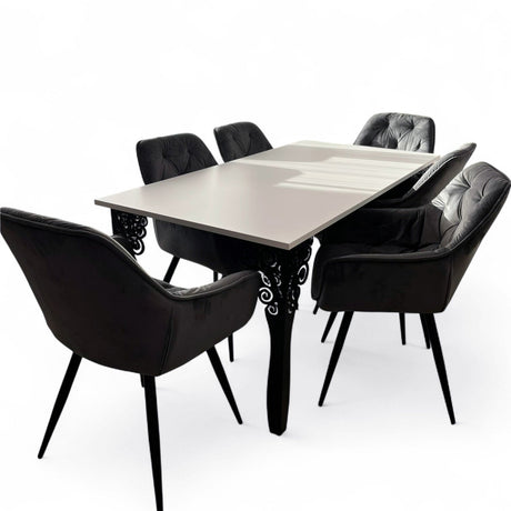 Set masa cu scaune bucatarie, dining, living, sufragerie, blat alb cu picioare metalice negre, scaune husa catifea gri, 6 persoane, Iasmina - BUZ.RO