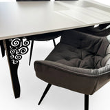 Set masa cu scaune bucatarie, dining, living, sufragerie, blat alb cu picioare metalice negre, scaune husa catifea gri, 6 persoane, Iasmina - BUZ.RO