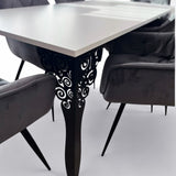 Set masa cu scaune bucatarie, dining, living, sufragerie, blat alb cu picioare metalice negre, scaune husa catifea gri, 6 persoane, Iasmina - BUZ.RO
