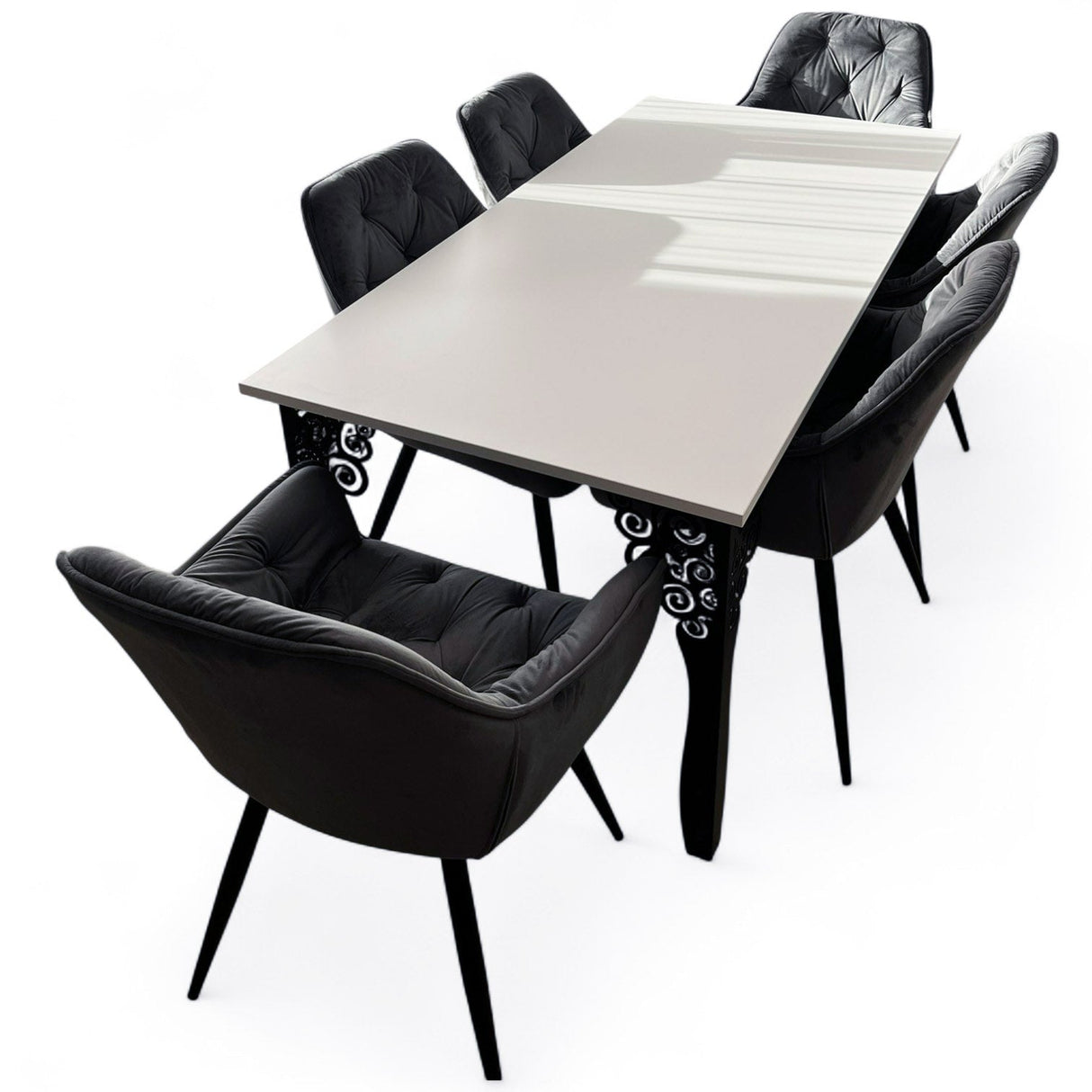 Set masa cu scaune bucatarie, dining, living, sufragerie, blat alb cu picioare metalice negre, scaune husa catifea gri, 6 persoane, Iasmina - BUZ.RO