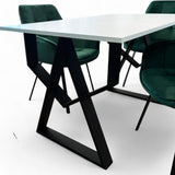 Set masa cu scaune bucatarie, dining, living, sufragerie, blat alb cu picioare metalice, scaune husa catifea verde, 4 persoane, ADELA - BUZ.RO