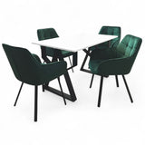 Set masa cu scaune bucatarie, dining, living, sufragerie, blat alb cu picioare metalice, scaune husa catifea verde, 4 persoane, ADELA - BUZ.RO