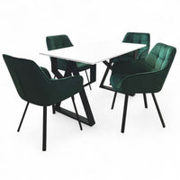 Set masa cu scaune bucatarie, dining, living, sufragerie, blat alb cu picioare metalice, scaune husa catifea verde, 4 persoane, ADELA